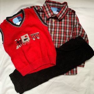 Boy Holiday Set - black corduroy pants, vest with train, button down shirt